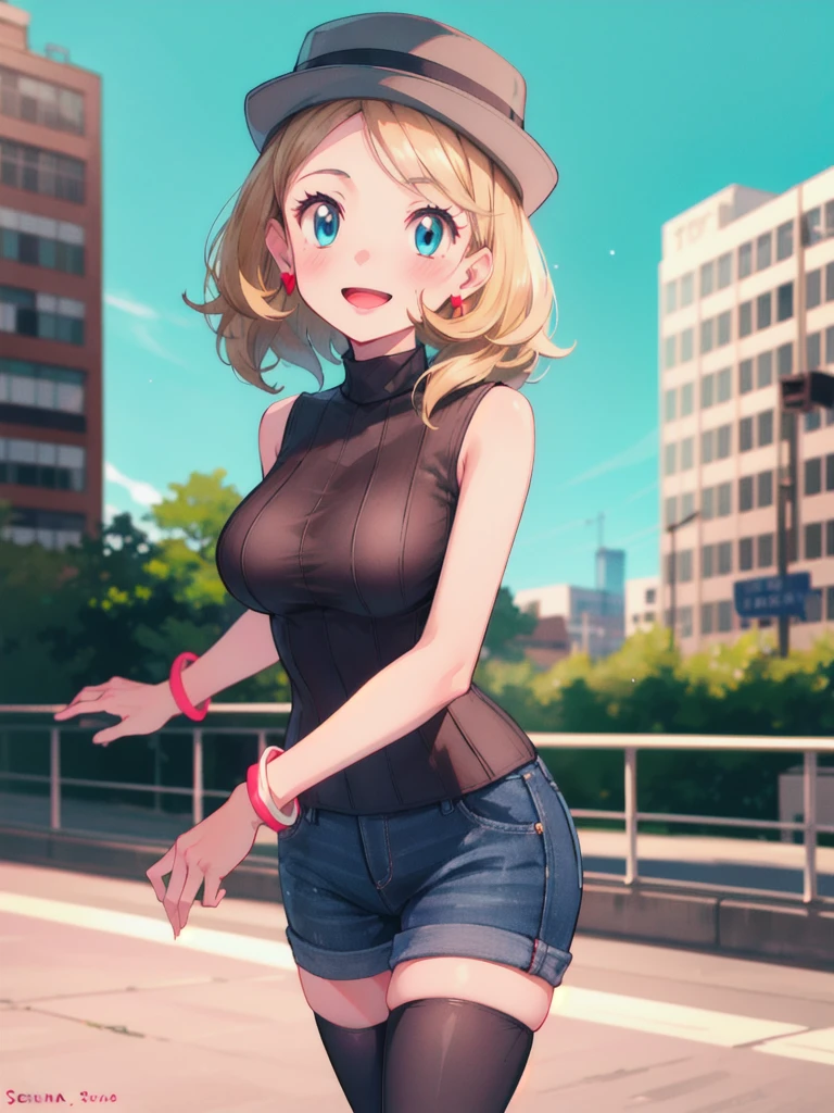 gonzarez, masterpiece, Serenaj, 1girl, grey headwear, solo, jewelry, thighhighs, sleeveless turtleneck, turtleneck, jeans, red coat, smile, sweater vest, blonde hair, blue shining earrings, hat, blue eyes, sleeveless, open mouth, eyelashes, vest, blush, bangs, breasts, medium hair, bracelet, looking at viewer, outdoors, black thighhighs, brown thighhighs, sky, day, sparkle, light, black jeans , brown vest, park , cowboy shot,  