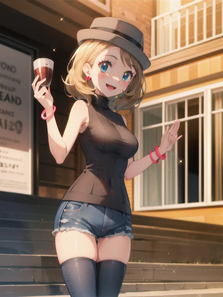 gonzarez, masterpiece, Serenaj, 1girl, grey headwear, solo, jewelry, thighhighs, sleeveless turtleneck, turtleneck, jeans, red coat, smile, sweater vest, blonde hair, blue shining earrings, hat, blue eyes, sleeveless, open mouth, eyelashes, vest, blush, bangs, breasts, medium hair, bracelet, looking at viewer, outdoors, black thighhighs, brown thighhighs, sky, day, sparkle, light, black jeans , brown vest, park , cowboy shot,