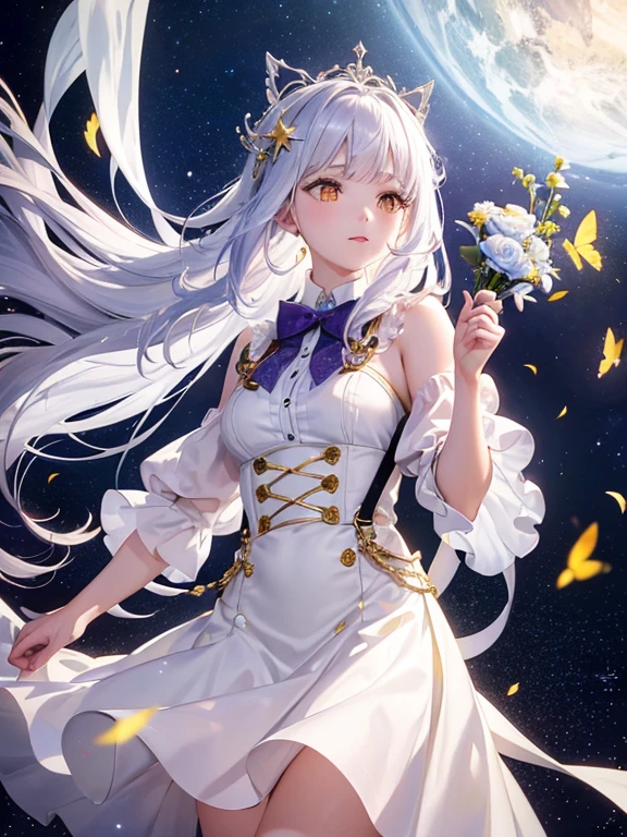 (Highly detailed CG Unity 8K wallpaper, highest quality, masterpiece), ((4k, masterpiece, highest quality)), adult woman, Braided shiny white hair, hair loss, shawl, yellow eyes, full of stars,Purple Princess Dress, Wearing a white researcher-style coat, star hidden under the skirt, Pink, blue and yellow butterflies flying around, Theater background, star curtain, star hair ornament, suspenders,Unreal,holding a bouquet of flowers,fantasy