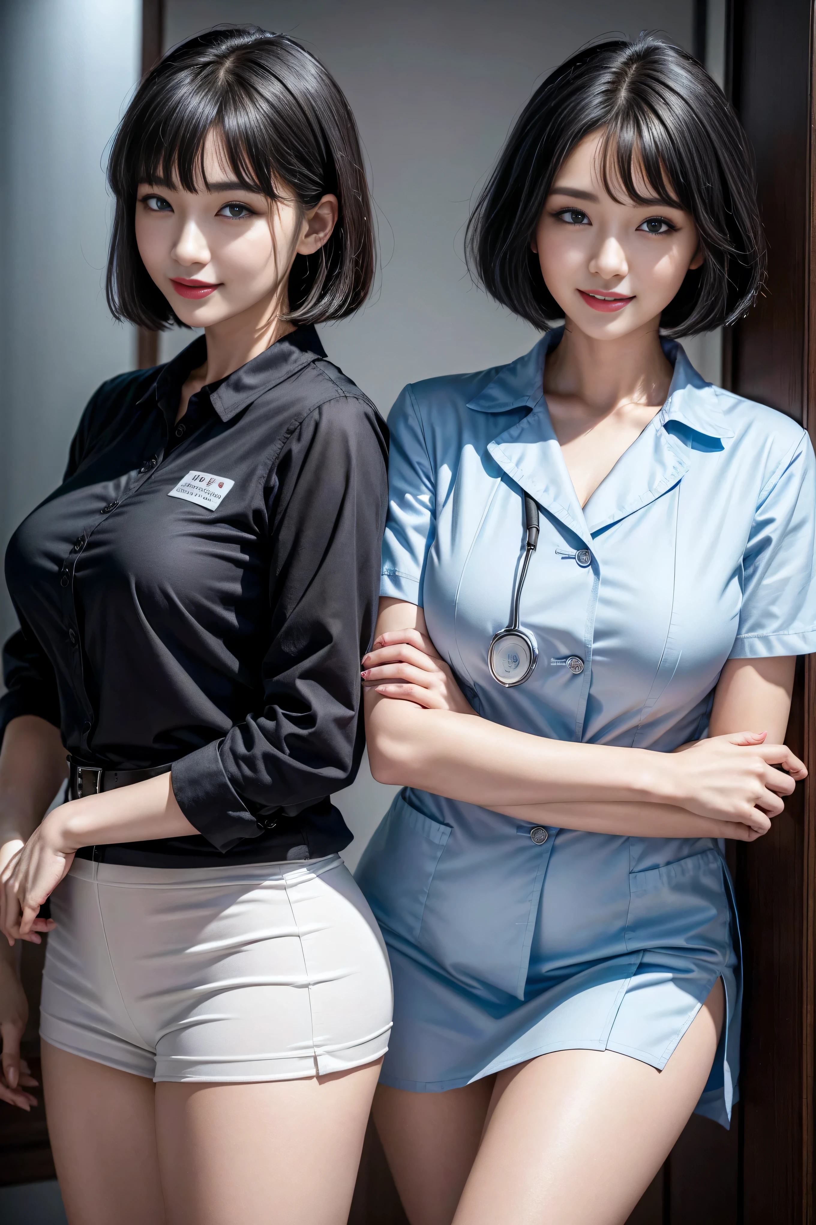 (3 Ultimate Beauty Nurse)、{{{masterpiece}}}, {Oh oh oh, Oh, really:1.2}, best quality, official art, Highly detailed CG Unity 8k wallpaper, The facial details are very rich、delicate lips、delicate eyes、double eyelids、((black bob hair))、(Nurse:1.3)、(charming figure)、(huge)、((Open your mouth and smile: 1.8, cute smile: 1.8)), solo, Short hair details, vibrant smile, blue eyes,with eyes_Tokar, {Beautiful detailed gradient eyes}, red lips,thigh, thigh, thigh, perfect fit, Perfect Image Realism, background with: (hospital ward:1.2), cow boy shooting, Detailed background, detailed clothing, Wear a nurse hat,Wear Nurse Clothes,perfect lighting、Surreal、(Realism:1.4)、8K maximum resolution, (masterpiece), The content is very detailed, professional,
