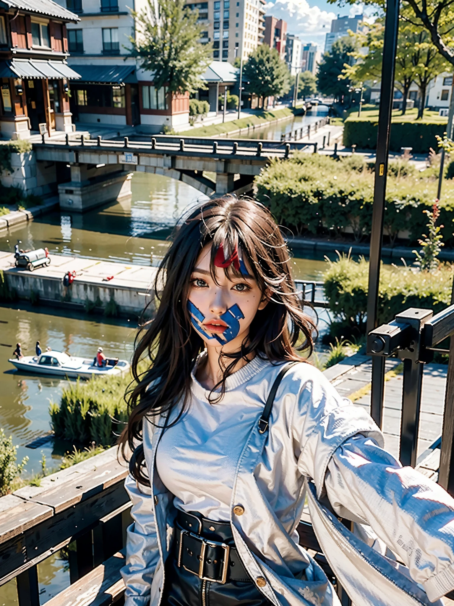 best quality, Masterpiece, Realistic picture, complicated details, raw photos, Photon rendering, Octane Render, nonsense, very detailed, detailed face, Fine skin, Trending on Artstation,8k Masterpiece,movie light, view, view, no human, cityscape, sky, city, cloud, outdoor, building, sunset, city lights, bridge, river, tree, road, artist name,
