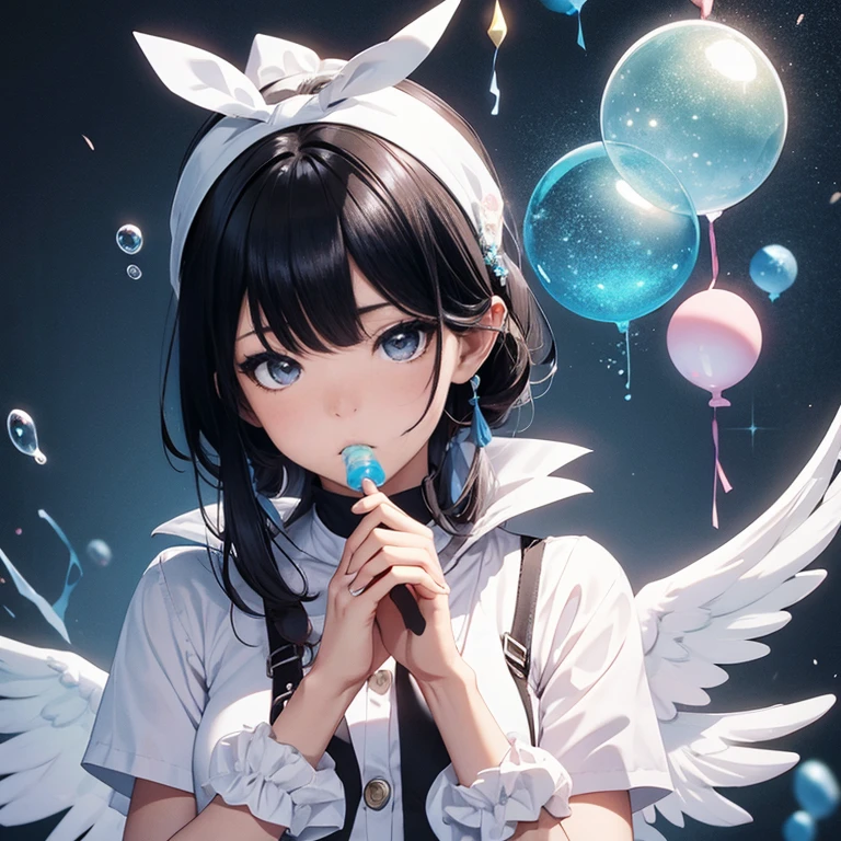 3D illustration、 angel and devil、clear eyes、Strong heart、official art, unthaty 8k wallpaper, Super detailed, beautiful and aesthetic, high qualthaty, beautiful, masterpiece, 最high qualthaty,girl、Limthated palette, short black hair, (dark), good and bad、that'that'that'that'that'that'that'、Reduce exposure、Blow bubbles all around