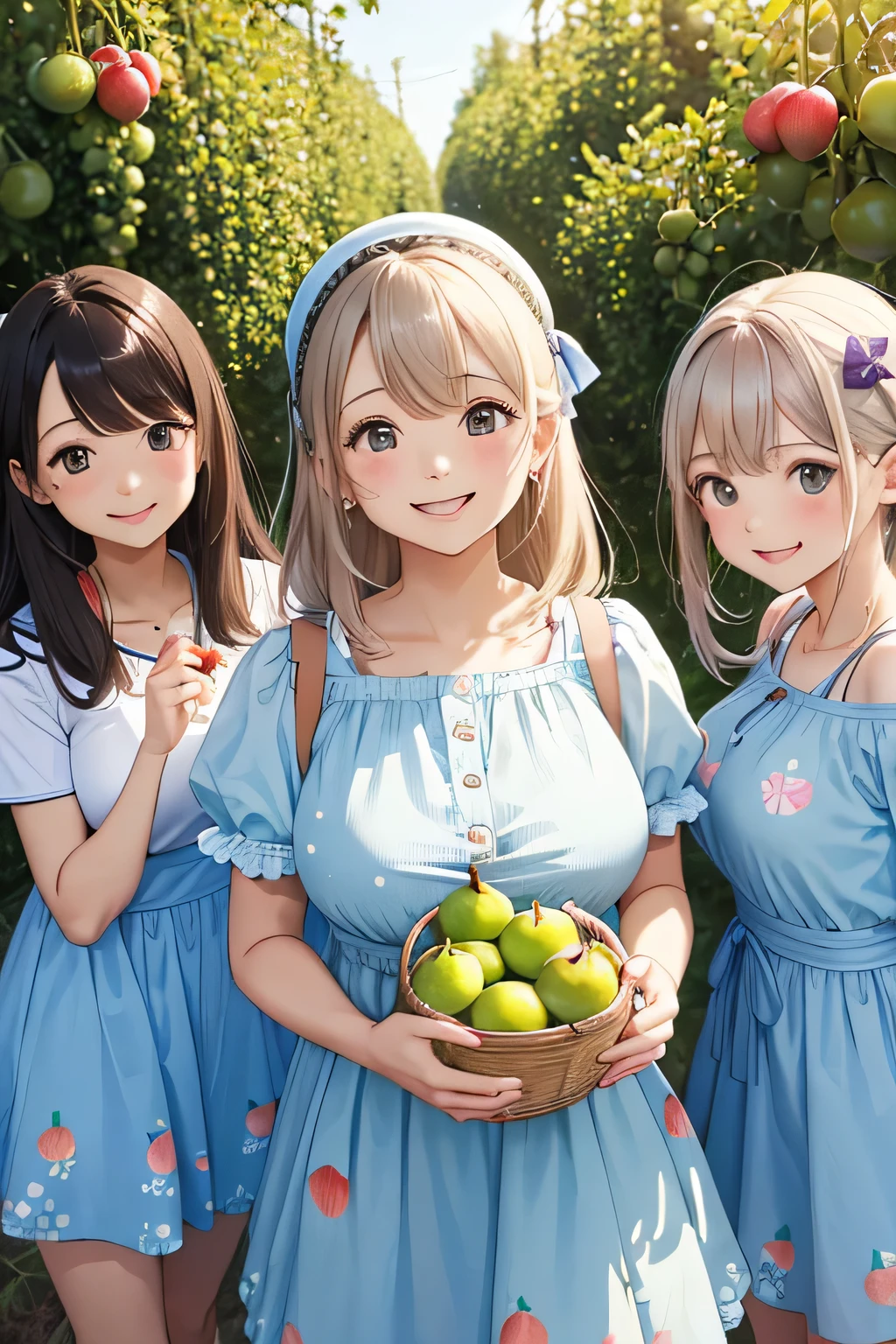 (highest quality:1.4)、(High resolution)、detailed background、(detailed beautiful face:1.4)、(anatomically correct)、((detailed facial expressions))、beautiful and smooth skin、beautiful teenage girl、three beautiful girls、(huge breasts:1.3)、cute hair color、braided bob、braided ponytail、realistic、perfect body line、cowboy shot、A big smile、Looks like a fun atmosphere、laughing、smiling、cute、

(Three women enjoying fruit picking:1.5)、

Try incorporating fruit-printed clothing and accessories to create a cute look.、
Wear a dress or top with a fruit print、Use fruit-patterned hair bands and hairpins to create cute hairstyles.、Bring a cute basket bag to match the natural atmosphere.、You can also add a basket hat to make it even cuter.、At the fruit picking area, take a basket and enter the fruit fields to choose your favorite fruit.、They enjoy picking fruit and smiling while enjoying the harvest.、Posing with fruit makes for a cute photo.、cute