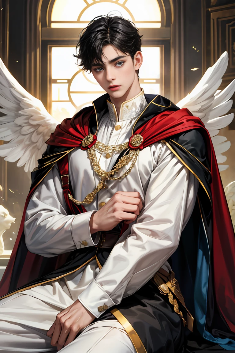 masterpiece, 最high quality, high quality, 1 boy, alone, male focus, looking at the viewer, Messy black hair, blue adorable big eyes, white people, Noble, Noble, beautiful angel、A very big, very big, very big, very long, long red and black cape made with a lot of fabric that reaches all the way down to the floor, ,cute beautiful boy,Cute, cute, kind, handsome guy