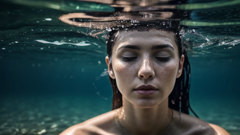 There is a woman in the water with her eyes closed, Portrait of woman underwater, Close-up fantasy of water magic, 8k Artistic Portrait Photography, submerged in water, Nymph in the water, Inspired by Brooke Shaden, Inspired by Elsa Bleda, immerse, Floating under the lake, Photography Alexey Gurylev