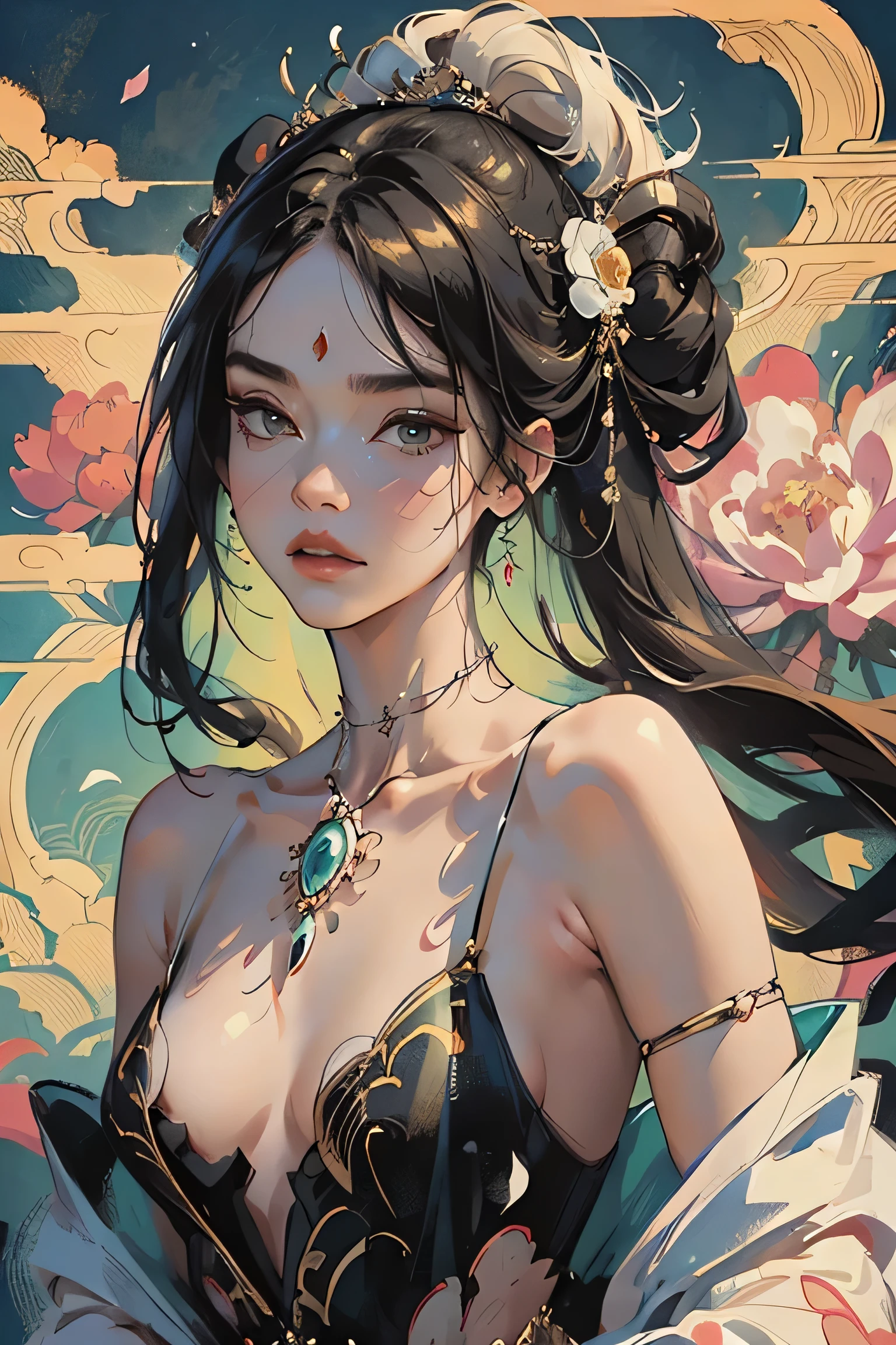 ((8k wallpaper of extremely detailed CG unit, masterpiece, hight resolution, top-quality, top-qualityのリアルテクスチャスキン)), (a very beautiful woman, Plump lips, The upper part of the body, Japanese pattern blouson:1.2, Japanese pattern micro mini shorts:1.2), (A dark-haired, hair messy, de pele branca, small tit), ((Colorful background with geometric patterns, Japanese pattern background, warm color)), (hyper realisitic, digitial painting),nsfw,slender body shape, (Hyper-realistic) , (illustration), (Increase the resolution), (8K), (RAW photos,best qualtiy),(realisticlying,photograph realistic:1.3),best qualtiy,highly detailed,tmasterpiece,Hyper-detailing,( the wallpaper), (Detailed face), solo,1girll,The is very detailed,dynamic angle,cow boy shot,The most beautiful form of chaos,elegant,Fauvist design,vivd colour,Goddess of romanticism,Model figure,ancient costume,best qualtiy,Extremely detailed jewelry,Peony petals,scenecy,rios|Wagas,nsfw, chinese dress, slender , black dress,dynasty, white top, black bottom