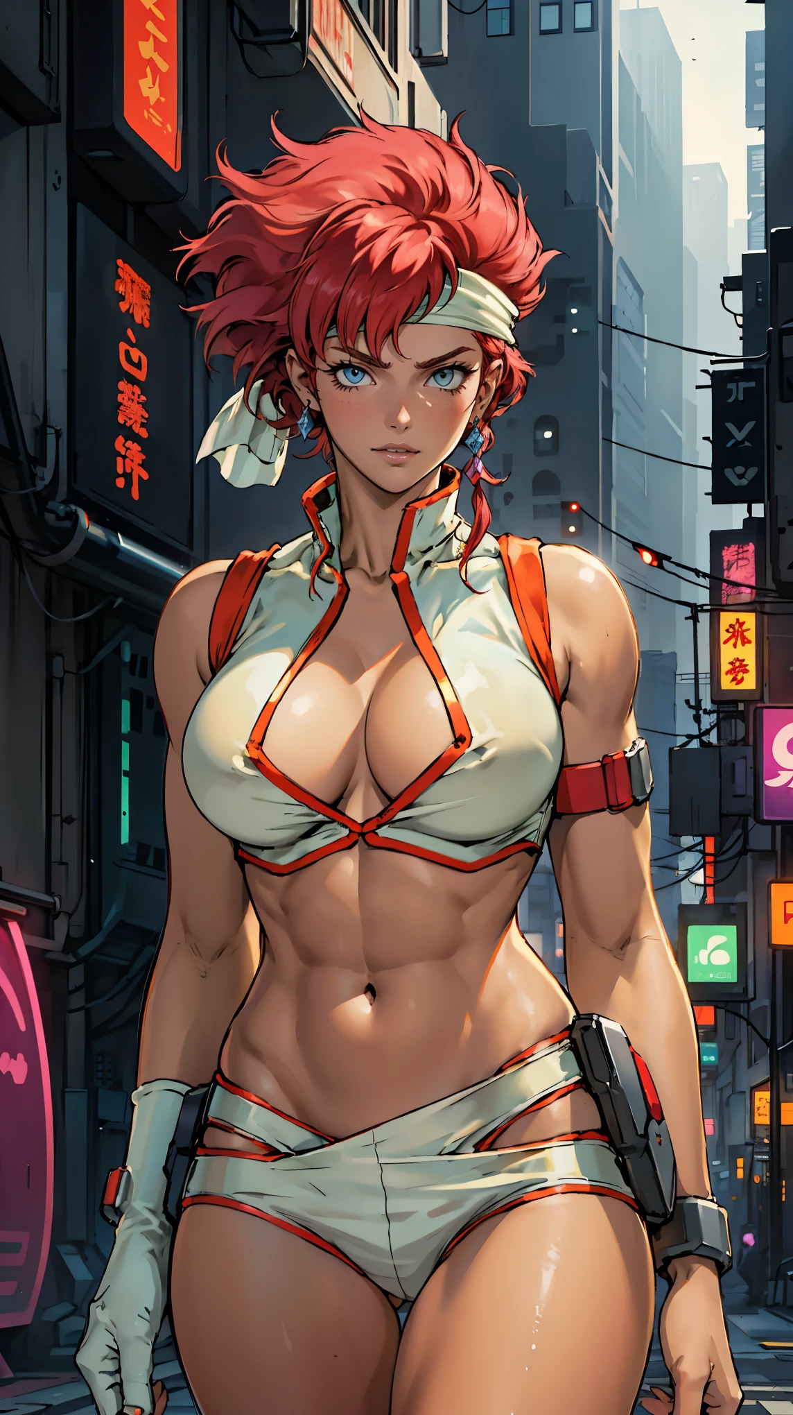 ((Masterpiece, highest quality; 1.3)), super quality, beautiful detail, super detailed, extra fine, 16K, exquisite, absurd, high resolution, beautiful background, detailed background, beautiful eyes, beautiful skin, anime style, Kay from Dirty Pair in a high white outfit, cleavage, bushy redhead beauty, white uniform, wearing tight clothes, skimpy, (mid chest: 1.2), cleavage, cleavage, ( Muscular body: 1.2), abs, obliques, muscular biceps, slim waist, slim thighs, thigh gap, showing stomach, skinny, thin hips, cyberpunk city background, retro space gun holding, green headband, emerald green headband