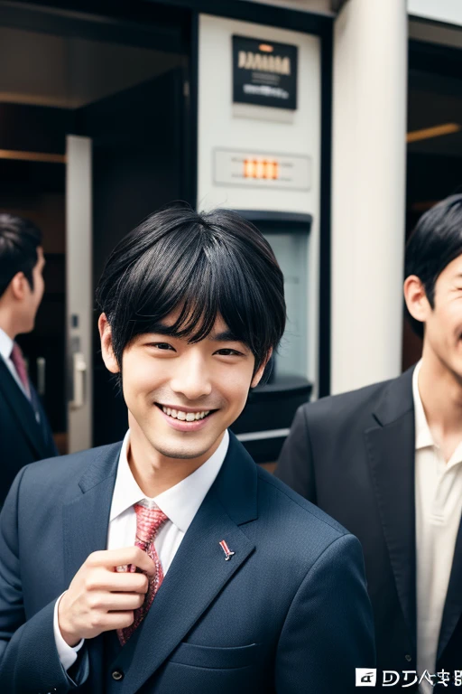 japanease asian korean, twenties, smile, men, suit, buisinessman, black hair, parted bangs, skin fang, short hair, no beard, Bank Reception, UHD, anatomically correct