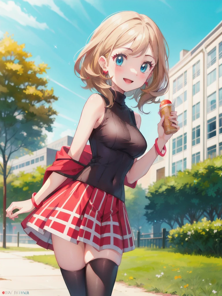 gonzarez, masterpiece, Serenaj, 1girl,l solo, jewelry, thighhighs, sleeveless turtleneck, turtleneck, , red coat, smile, sweater vest, blonde hair, blue shining earrings, , blue eyes, sleeveless, open mouth, eyelashes, vest, blush, bangs, breasts, medium hair, bracelet, looking at viewer, outdoors, black thighhighs, brown thighhighs, sky, day, sparkle, light  , brown vest, park , cowboy shot,  midriff 