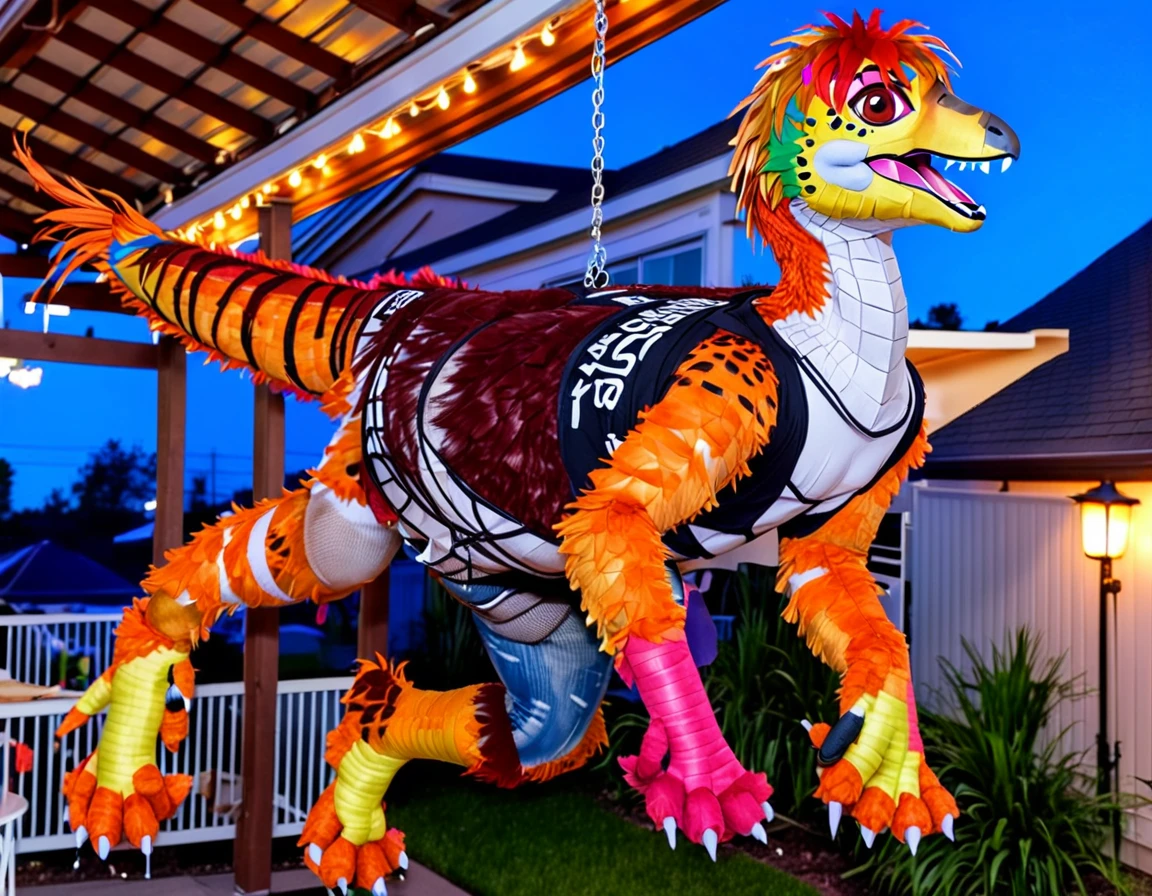 Ultra high resolution, best quality, masterpiece, (pinata transformation:1.4), mid transformation, (a terrified male college boy human deinonychus velociraptor piñata fursuit hybrid at adult birthday party:1.6), shrinking, (hanging suspended from roof above the backyard patio by a pinata chain pulley, strung up mid air:1.5), (wearing a deinonychus fursuit:1.75), (human feathered deinonychus piñata fursuit fusion partial hybridization:1.55), (the magic wire pulley morphs and shrinks you into a deinonychus piñata:1.6), ((amber:1.6) (rose:1.45) (burgundy:1.3) (celeste:1.2) (atomic tangerine:1.4):2), (part human:1.85), (real life, photorealistic:1.8), (partial feralization:1.7), (the zipper melds into your paper mache skin as you fuse with the fursuit and shrink and morph into a deinonychus pinata:1.65), (NSFW, penis erect:1.8),