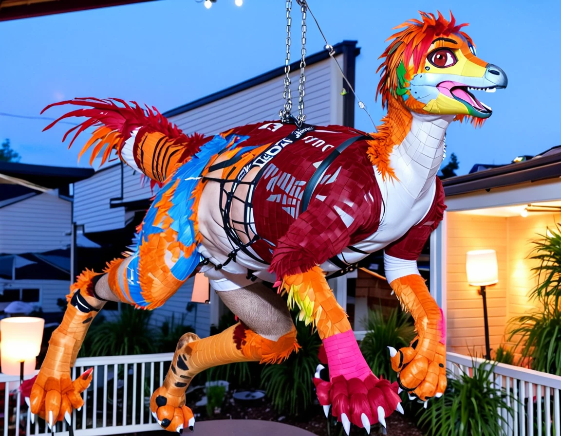 Ultra high resolution, best quality, masterpiece, (pinata transformation:1.4), mid transformation, (a terrified male college boy human deinonychus velociraptor piñata fursuit hybrid at adult birthday party:1.6), shrinking, (hanging suspended from roof above the backyard patio by a pinata chain pulley, strung up mid air:1.5), (wearing a deinonychus fursuit:1.75), (human feathered deinonychus piñata fursuit fusion partial hybridization:1.55), (the magic wire pulley morphs and shrinks you into a deinonychus piñata:1.6), ((amber:1.6) (rose:1.45) (burgundy:1.3) (celeste:1.2) (atomic tangerine:1.4):2), (part human:1.85), (real life, photorealistic:1.8), (partial feralization:1.7), (the zipper melds into your paper mache skin as you fuse with the fursuit and shrink and morph into a deinonychus pinata:1.65), (NSFW, penis erect:1.8),