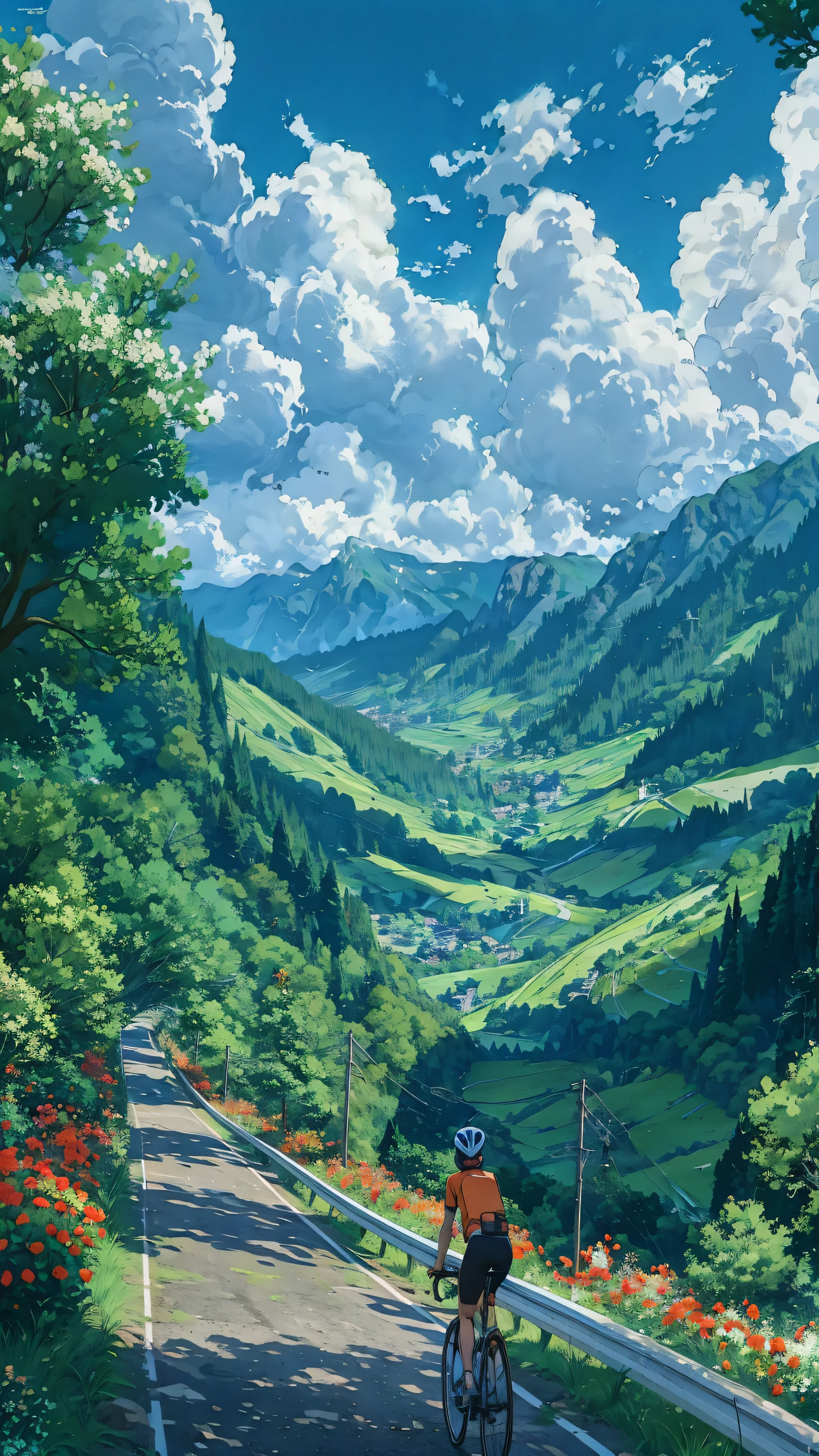 there is a man riding a bike down a road with a mountain in the background, anime countryside landscape, beautiful anime scene, anime landscape, beautiful anime scenery, official anime artwork, anime beautiful peace scene, anime background art, detailed scenery —width 672, by Kobayashi Kiyochika, by Yoshihiko Wada, anime scenery concept art, anime scenery