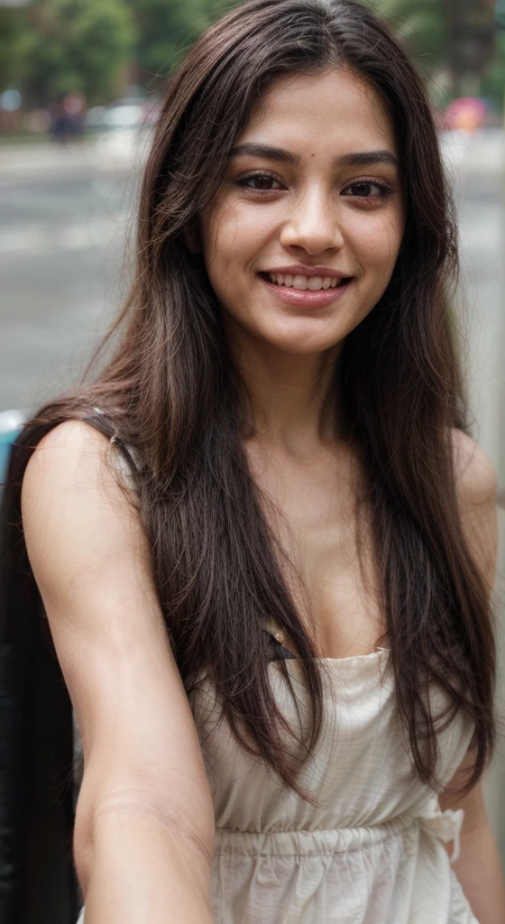 south asian facial features. girl. Should look very beautiful. pretty. Highly detailed and hyper realistic. The skin texture should be highly detailed and extremely accurate. thick black hair and brown eyes. Face must be accurate. Highly detailed face and facial features. Extremely accurate representation of face and facial features. Face should be highly detailed and hyper realistic. Every thing from the body should be extremely perfect and realistic. hyper realistic. Skin texture is natural and realistic. Face is realistic and extremely detailed. Eyes are detailed and accurate. Highly accurate. eyes should be realistic and accurate. hyper detailed. perfect details. realistic proportions. hyper realistic skin texture. smiling. black eyes. eyes are black. wide smile teeth exposed