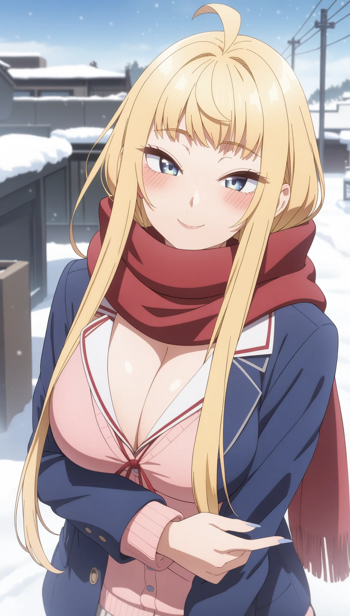 (masterpiece, best quality, very aesthetic, ultra detailed), intricate details,
1girl, minamifuyuki, blonde hair, long hair, sidelocks, ahoge, blue eyes, large breasts, scarf, red scarf, cleavage, , blue jacket, pink cardigan, looking at viewer, outdoors, snow, blush, smile,  