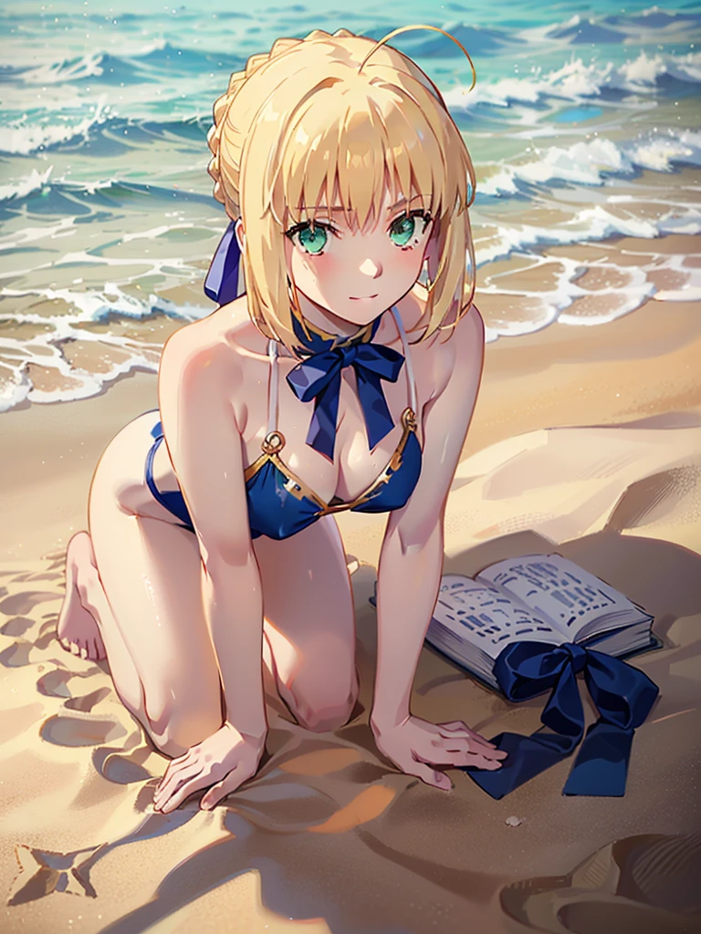 NSFW、(((On all fours, looking up at the viewer)))、full body portrait、((Artoria Pendragon))、(((swimsuit:1.2)))、((Wearing only a swimsuit))、(((On a beautiful sunny beach)))、view audience、slender body type、Glossy skin、((Saber Artoria))、blonde、green eyes、chignon hair、shortcut、adult woman、Glossy skin、(highest qualityの、highest quality、Beautiful CG,)realistic、A very happy smile、(((Royal blue fancy bikini)))、belly button costume、(((Blue ribbon around bare neck)))、sexy body、erotic body、(((Artoria Pendragonの髪型)))、bare skin arm、Bare skin legs、(((2Beautiful legs of a book)))、(((Place your hands on the sand)))、(((The ground is just sand)))