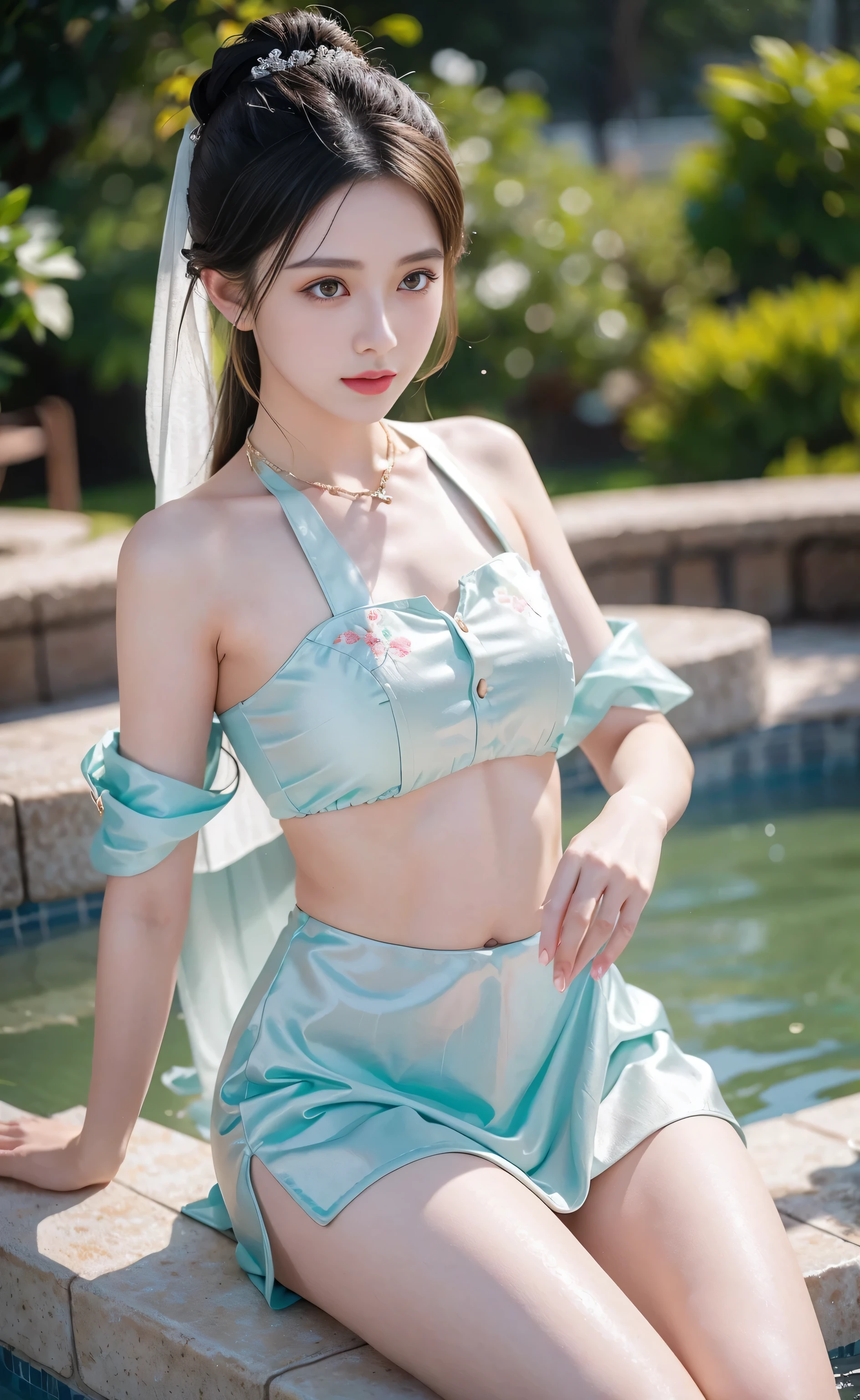 Best image quality，extremely high resolution，Very detailed，stunning girl，sitting in the pool，long eyelashes，big eyes，shining eyes，lying silkworm，plump lips，small nose，a happy expression，Sweet，Exquisite makeup，full-body shot，snow white skin，slim figure，take off shoulders，clavicle，abdomenband，abdomen，abdomen button，Slender white legs，White and tender skin，White embroidered mini skirt，necklace，Showing thighs，lace，Sweet，Long hair flying，best quality，masterpiece，full-body shot，facial focus，slim figure，Thin waist white abdomenband，imagine，full-body shot
Model: hanfu, CFG size: 7, Hire high-end people: 1.5, lola: future fashion(0.4)、neon(0.4)、martial arts(0.8)、Asian Face Girls-2(0.4)、poetic fairy tale(0.01)