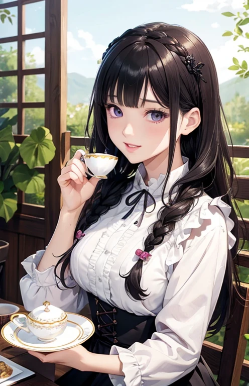 masterpiece、highest quality、High resolution、high quality images、8K, 1 female、skin luster、Texture of skin and clothing、Expression of fine eyes、Shiny light black hair,Girl with long braided hair, Manga inspired by Lee Jong-suk, trending on deviantart, realism, detailed manga style, manga art style, perfect line drawing, beautiful line drawing, digital manga art girl, K-POPアイドル, beautiful purple eyes, plump lips, detailed gorgeous face, (cute smile), charm, innocent, Side view, (perfectly detailed face), (fine hands) photorealistic images, Depth of written boundary, Princess hairstyle, Corolla on the head , Beautiful mature woman preparing a tea party in the garden, (Tea set, you can, Tea cup, some cakes on a plate), Gothic Table, 伝統的なダークブラウンのMaid clothesを着用, Maid clothes:1.2, long flare skirt, apron，romanticism,
