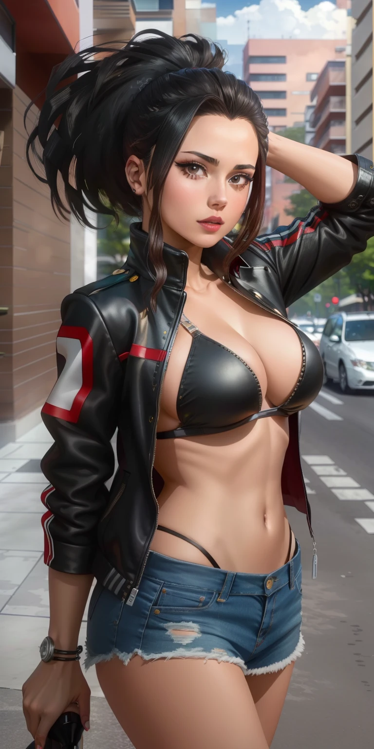 Momo Yaoyorozu in a black leather jacket and silver bra, adriana chechik, yelena belova, olga buzova, magdalena radziej, aleksandra waliszewska, anastasia ovchinnikova, dasha taran, style of julia razumova, irina nordsol kuzmina, scarlett hooft, by Zahari Zograf