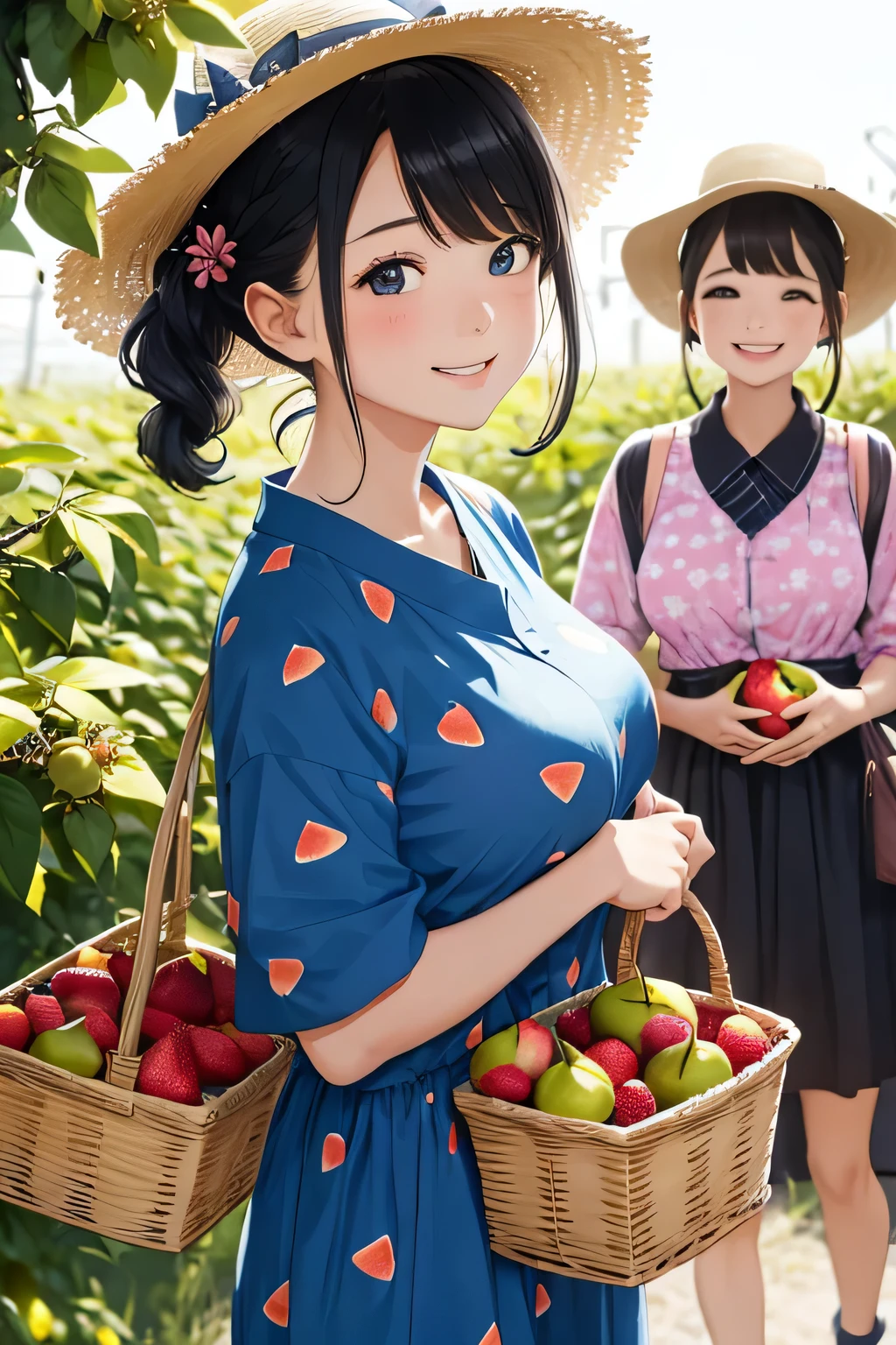 (highest quality:1.4)、(High resolution)、detailed background、(detailed beautiful face:1.4)、(anatomically correct)、detailed facial expressions、beautiful and smooth skin、beautiful teenage girl、three beautiful girls、(huge breasts:1.3)、cute hair color、braided bob、braided ponytail、realistic、perfect body line、cowboy shot、A big smile、Looks like a fun atmosphere、laughing、smiling、cute、
(Three women enjoying fruit picking:1.5)、
Try incorporating fruit-printed clothing and accessories to create a cute look.、
Wear a dress or top with a fruit print、Use fruit-patterned hair bands and hairpins to create cute hairstyles.、Bring a cute basket bag to match the natural atmosphere.、You can also add a basket hat to make it even cuter.、At the fruit picking area, take a basket and enter the fruit fields to choose your favorite fruit.、They enjoy picking fruit and smiling while enjoying the harvest.、Posing with fruit makes for a cute photo.、cute