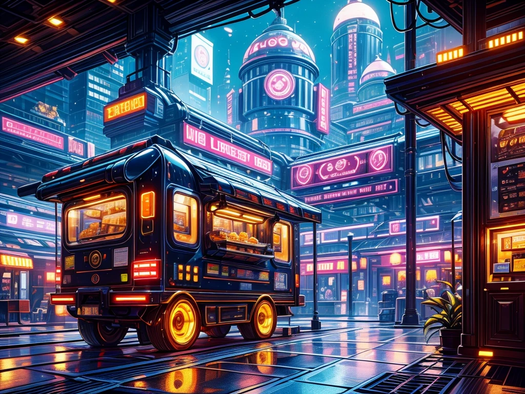 future, on a giant space station, in living area, ((1 food truck)), A girl selling breakfast, 製作Sandwiches, LED light, Color LED, Sandwiches, drinks, Menus, Breakfast 5 euros,