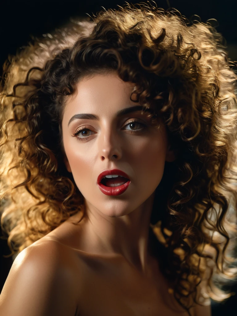 Center,

Half Body of 

A passionately exciting [Woman:Maude Adams:0.1] with her mouth half open sensually,  

Dark curly Hair,

Half Body,

, ultra-detailed, film photography, light leaks, Larry Bud Melman, trending on artstation, sharp focus, studio photo, intricate details, highly detailed, by greg rutkowski