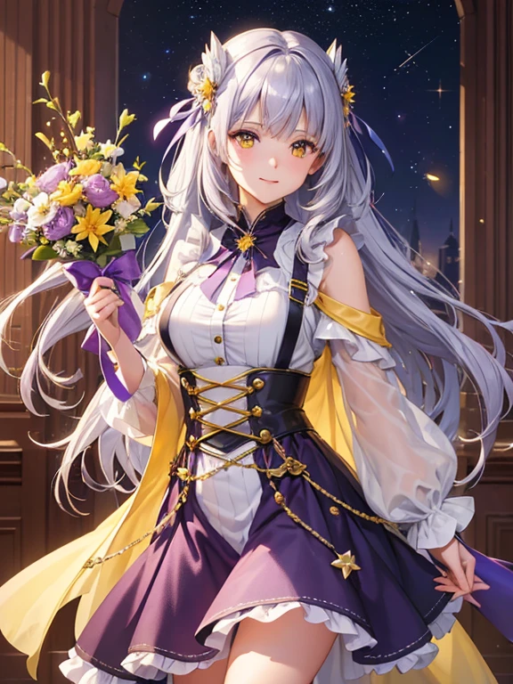 (Highly detailed CG Unity 8K wallpaper, highest quality, masterpiece), ((4k, masterpiece, highest quality)), adult woman, Shiny braided medium length grey hair, hair loss, shawl, yellow eyes, full of stars,Purple Princess Dress, Wearing a researcher-style purple coat,Stars scattered on the skirt.Fine glass, Pink, blue and yellow butterflies flying around, library, star curtain, star hair ornament, suspenders,Unreal,holding a bouquet of flowers,Shoot from a distance