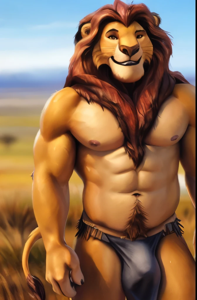(((Mufasa))), portrait, seductive face, looking at viewer, grin, detailed eyes, (detailed savanna, background), full body shot, lion, anthro, topless, male, adult, muscular, looking at viewer, bodybuilder, older, muscular chest, abs, big pecs, nipples, bulge, tribal loincloth, detailed face, by bruteandbrawn, by personalami, by kenket, (intricate, high detail, film photography, soft focus, RAW candid cinema, photorealism, realistic, photorealistic, analog style, subsurface scattering, masterpiece, best quality, ultra realistic, 8k)