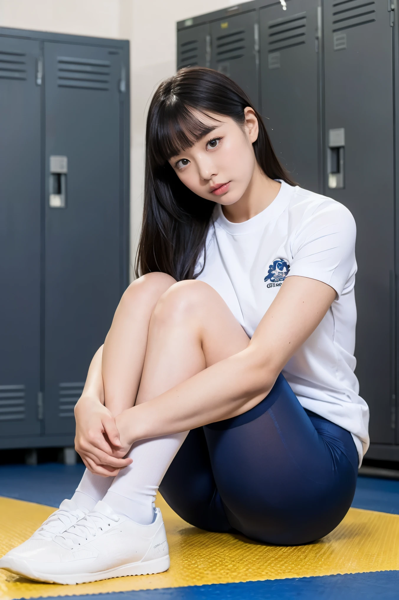 portrait from head to toe、alone、high school girl、natural body shape、white skin、natural makeup、black hair、bangs、straight long hair、((School-specified gym clothes))((The upper body is white gym clothes、Long hem))、(((dark blue tight bloomers)))、(((Put the hem of your gym uniform into your bloomers)))、big breasts、((The upper body is wearing gym clothes))、((locker room))、looking at the camera、、full body photo、focus on crotch、thighs exposed、((Sitting with both knees、raise both knees、bend both knees))、(sitting on a white gymnastics mat)、white socks、white shoes