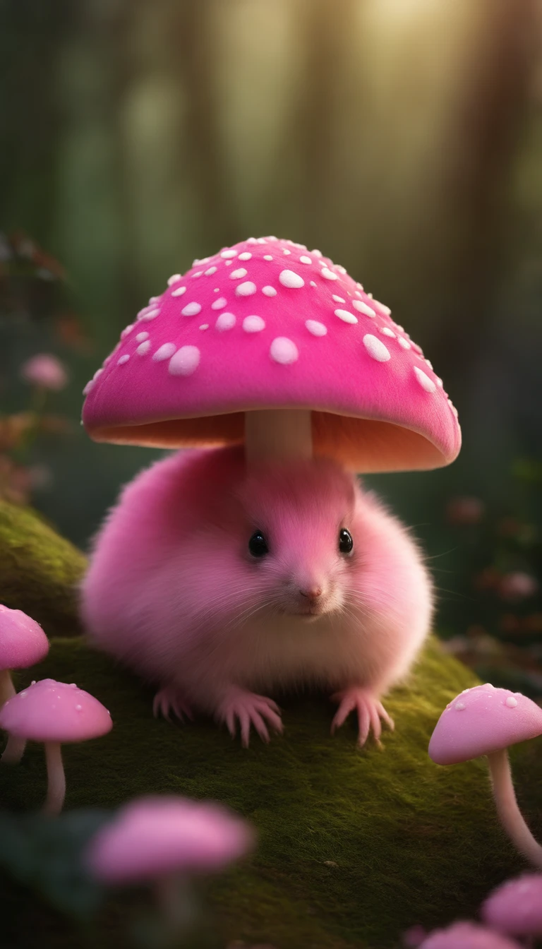 adorable pink creature,Semelhante a uma mistura de coelho e cenoura, cute, fofo, peludo, Felpudo, Floresta, Cogumelos, Wear a mushroom hat