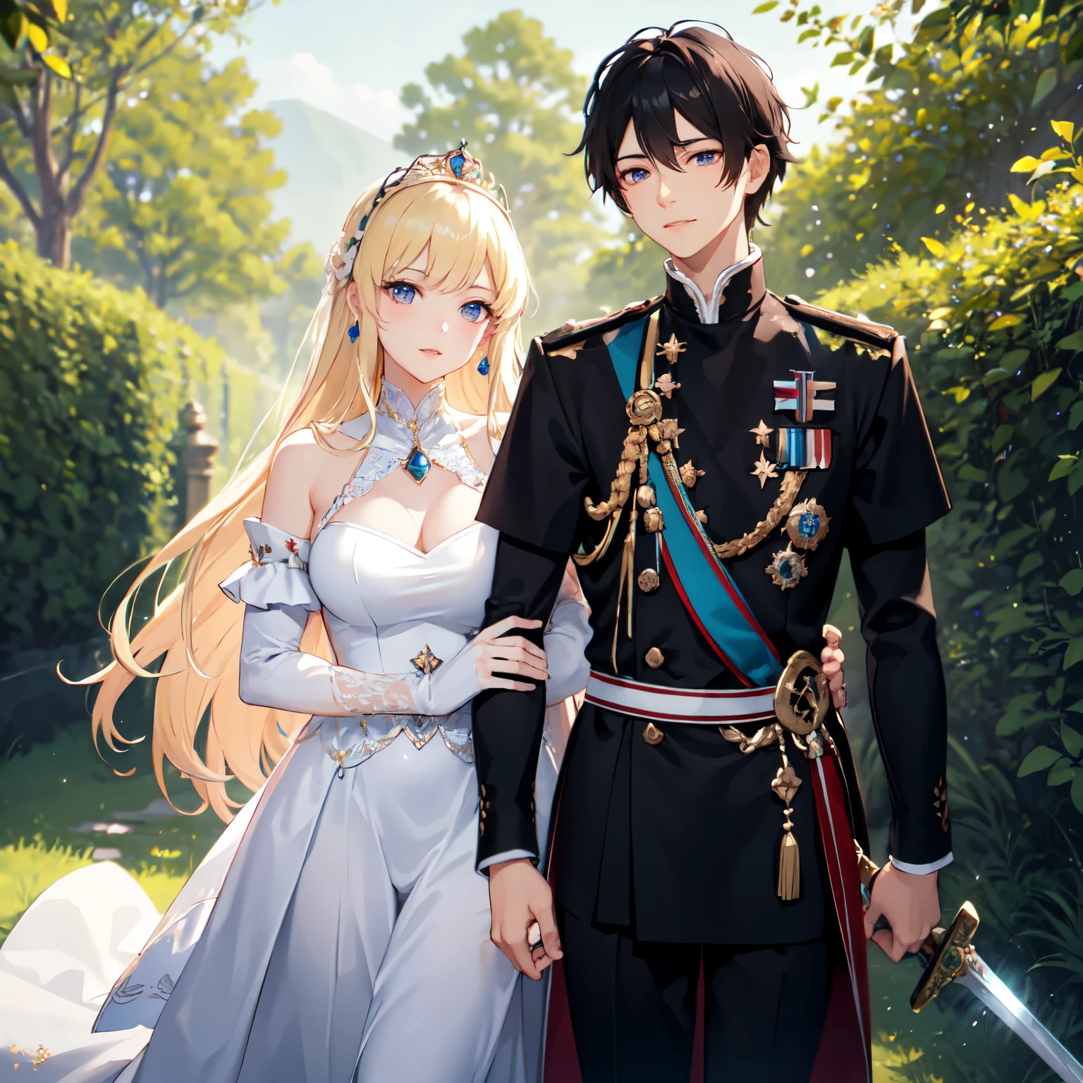 High Detail, Ultra Detail, Ultra High Resolution, black hair brown eyes prince, sword in hand, protect blonde hair blue eyes princess, couple, beautiful nature, prince is happy
