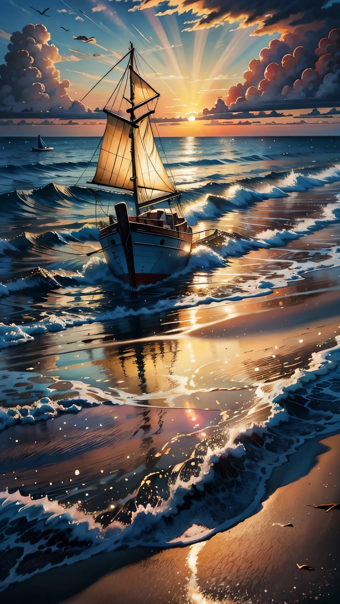 watercolor painting sunset, high tide, golden sand, calm sea, colored clouds, rays of light break through the clouds, in the reflection of light on the water, a sailing boat is a fish, the sea shimmers with bright colors . vibrant, beautiful, painterly, detailed, textural, artistic