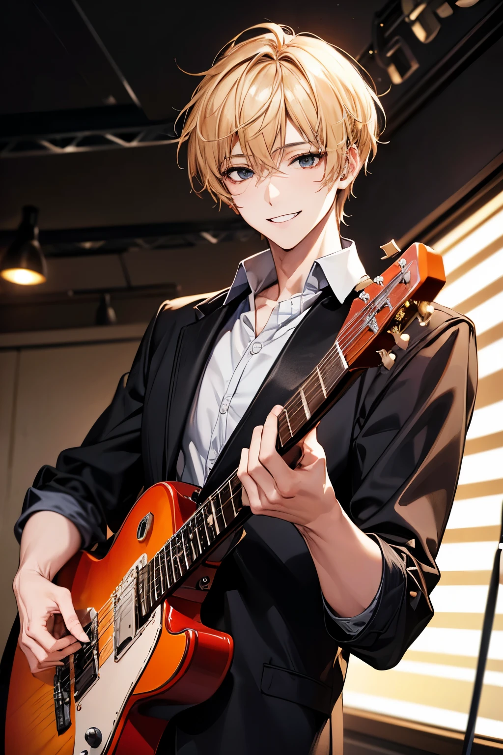 Masterpiece, best quality, highres, official, details, solo, 1 male, smile facial, medium hair, blonde hair, black eyes, guitarist, musician