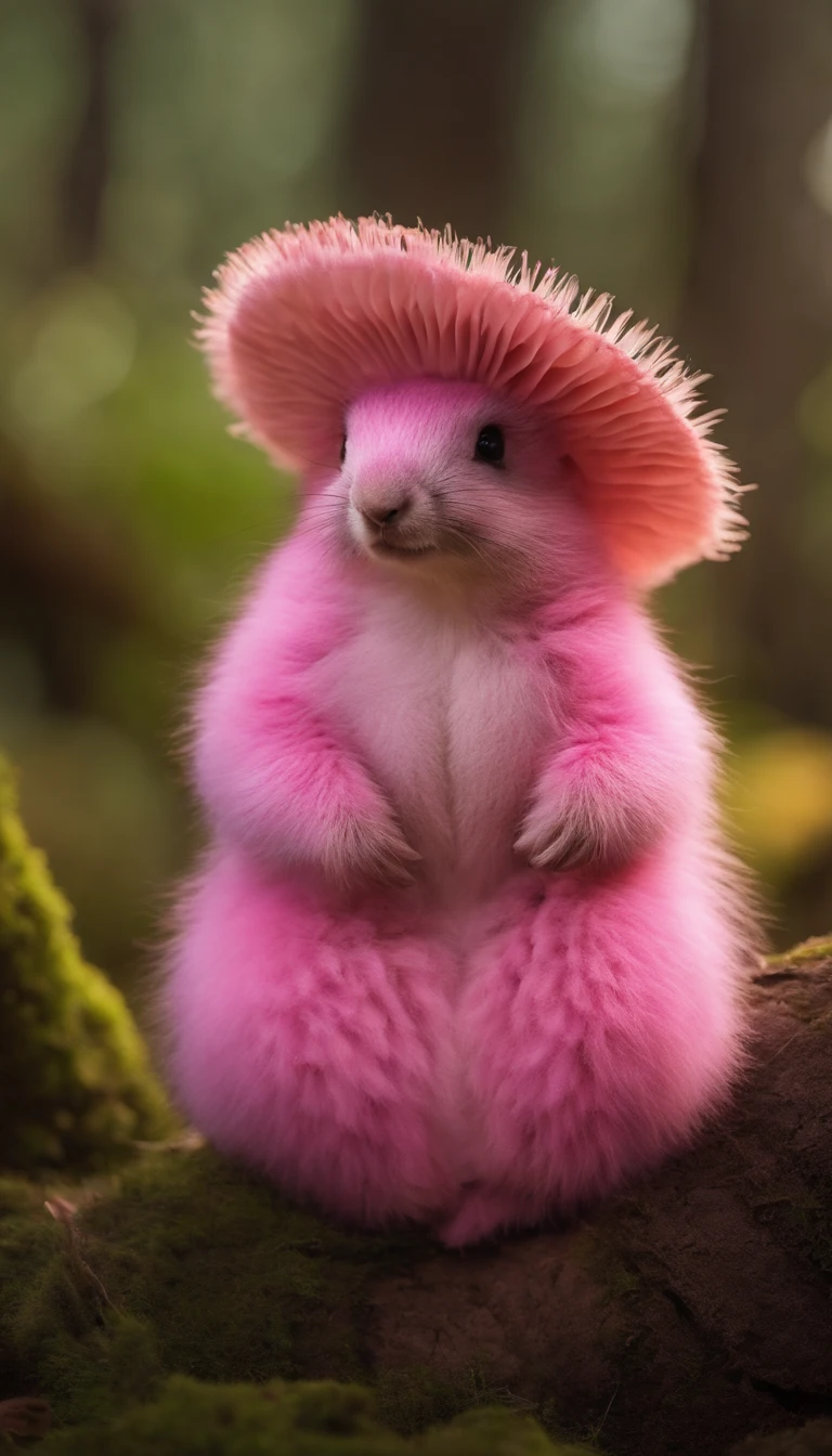 adorable pink creature，Semelhante a uma mistura de coelho e cenoura, cute, fofo, peludo, Felpudo, Floresta, Cogumelos, Wear a mushroom hat