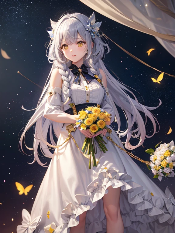 (Highly detailed CG Unity 8K wallpaper, highest quality, masterpiece), ((4k, masterpiece, highest quality)), adult woman, Shiny braided medium length grey hair, hair loss, shawl, yellow eyes, full of stars,Black Princess Dress, Wearing a blue researcher-style coat,Leaf pattern scattered on the skirt, Pink, blue and yellow butterflies flying around, library, star curtain, star hair ornament, suspenders,Unreal,holding a bouquet of flowers,Shoot from a distance