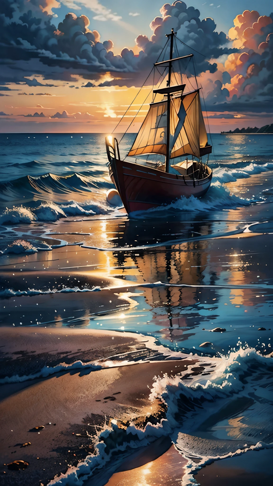 watercolor painting sunset, high tide, golden sand, calm sea, colored clouds, rays of light break through the clouds, in the reflection of light on the water, a sailing boat is a fish, the sea shimmers with bright colors . vibrant, beautiful, painterly, detailed, textural, artistic
