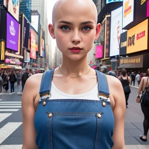 Suspender jeans(masterpiece, best quality:1.2), Very short hair, alone，Pale pink，Light rouge makeup（（（Bald）））（minor）masterpiece， Outdoor backstreets，time square, New York，best quality， movie lighting， soft light ,Realistic，facial close-up，Landscape avatar，666， --v6