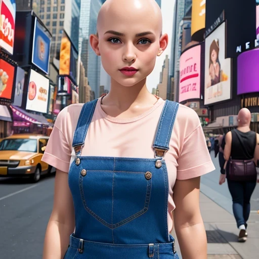 Suspender jeans(masterpiece, best quality:1.2), Very short hair, alone，Pale pink，Light rouge makeup（（（Bald）））（minor）masterpiece， Outdoor backstreets，time square, New York，best quality， movie lighting， soft light ,Realistic，facial close-up，Landscape avatar，666， --v6