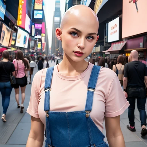 Suspender jeans(masterpiece, best quality:1.2), Very short hair, alone，Pale pink，Light rouge makeup（（（Bald）））（minor）masterpiece， Outdoor backstreets，time square, New York，best quality， movie lighting， soft light ,Realistic，facial close-up，Landscape avatar，666， --v6