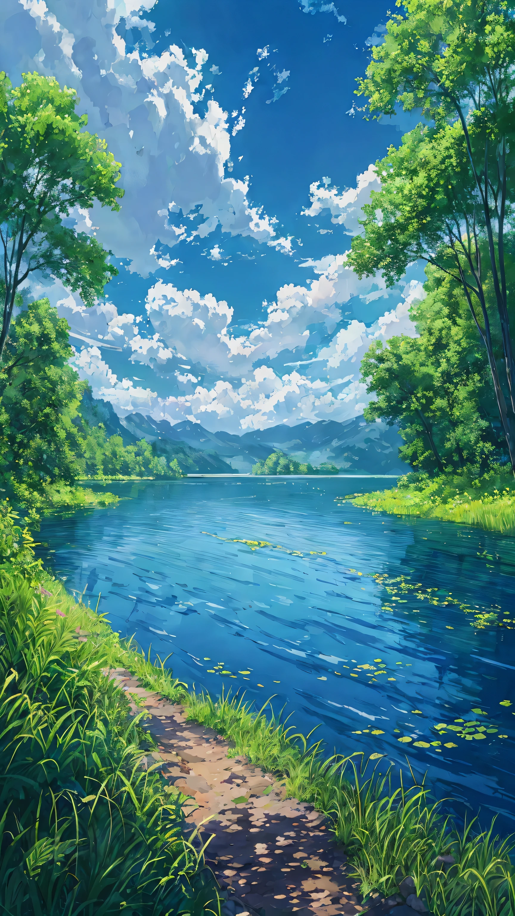 painting of a river with a path leading to a forest, beautiful anime scenery, anime landscape wallpaper, anime countryside landscape, anime beautiful peace scene, anime nature, anime nature wallpap, anime landscape, beautiful anime scene, detailed scenery —width 672, anime background art, anime scenery, beautiful lake background, anime background, scenery artwork, wallpaper anime blue water
