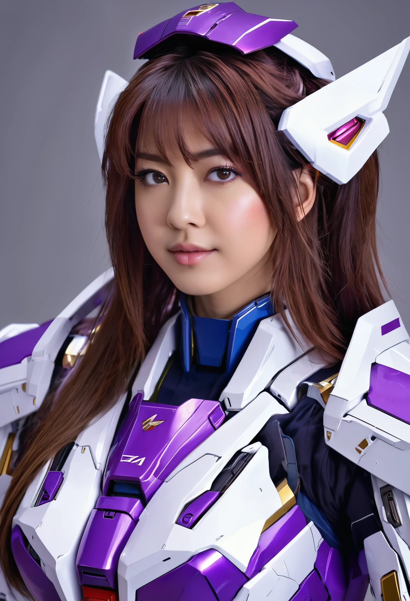 RAW, Masterpiece, Ultra Fine Photo,, Best Quality, Ultra High Resolution, Photorealistic, Sunlight, Full Body Portrait, Stunningly Beautiful,, Dynamic Poses, Delicate Face, Vibrant Eyes, a full body of a woman in a purple and white gundam custume, dybamic pose, long brown very very long hair rapunzel, girl in mecha cyber armor, portrait armored astronaut girl, d. va from overwatch, female mecha, on a gundam, gundam head, chiho aoshima color scheme, mobile suit, streamlined purple armor, fully robotic!! girl, realistic cosplay, gundam armor (dynamic pose) (best cameraview), full body, sit down, full body