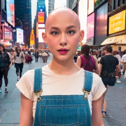 Suspender jeans(masterpiece, best quality:1.2), Very short hair, alone,Pale pink,Light rouge makeup(((Bald)))(minor)masterpiece, Outdoor backstreets,time square, New York,best quality, movie lighting, soft light ,Realistic,facial close-up,Landscape avatar,666, --v6