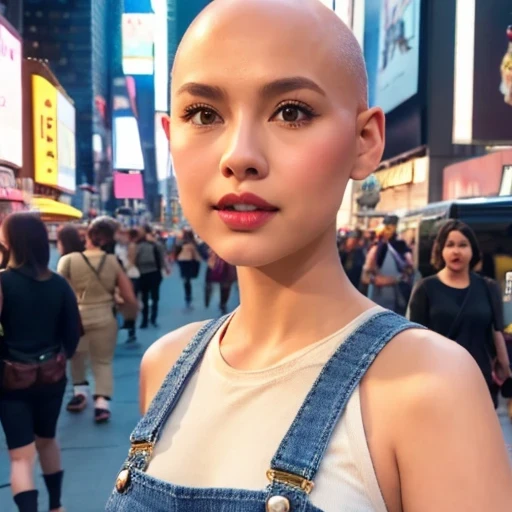 Suspender jeans(masterpiece, best quality:1.2), Very short hair, alone，Pale pink，Light rouge makeup（（（Bald）））（minor）masterpiece， Outdoor backstreets，time square, New York，best quality， movie lighting， soft light ,Realistic，facial close-up，Landscape avatar，666， --v6