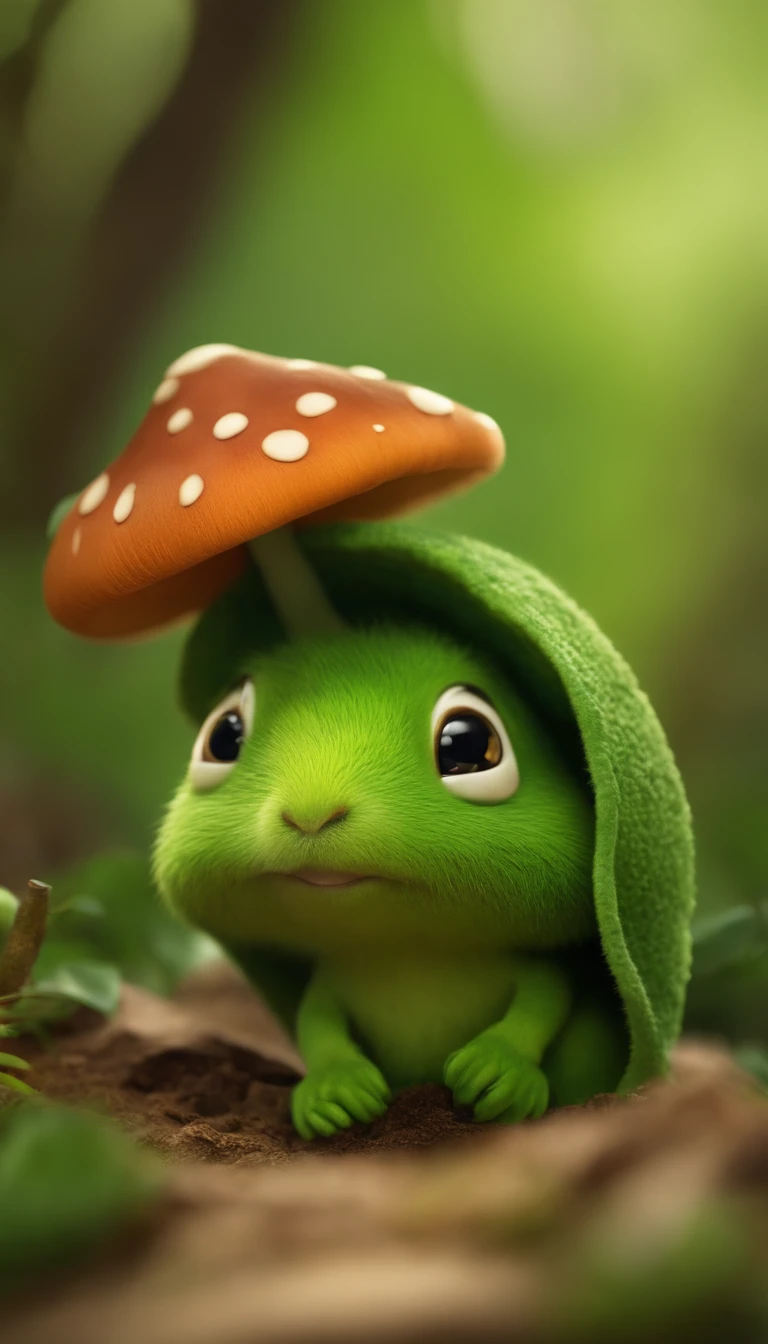 adorable green creature,Semelhante a uma mistura de coelho e cenoura, cute, fofo, peludo, Felpudo, Floresta, Cogumelos, Wear a mushroom hat
