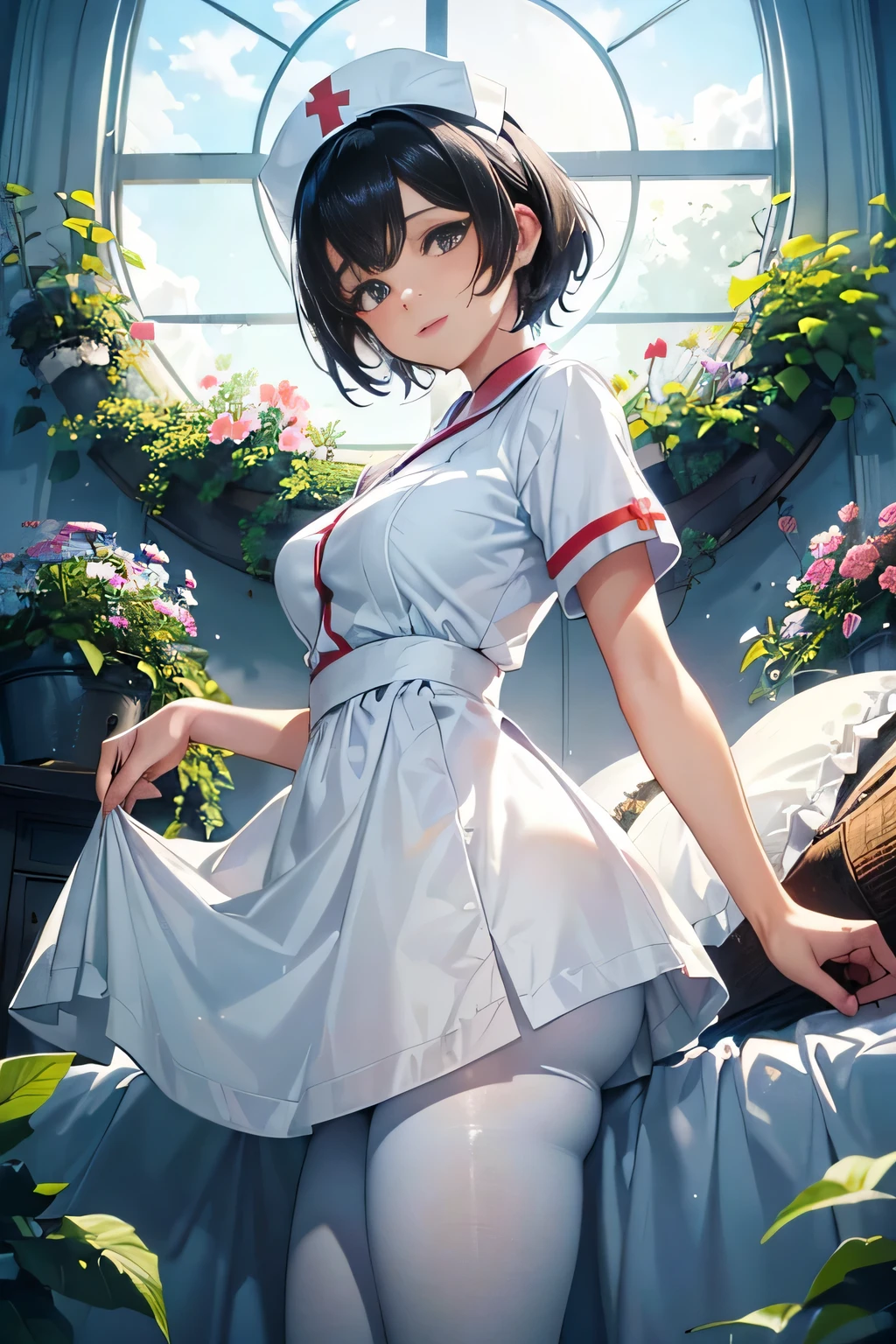 ((Pixie cut beautiful black hair,beautiful eyes)),Nurse costume,white pantyhose,sandal,cap,(low angle,from below),(solo),((masterpiece, highest resolution,best quality)), (beautiful illustration), (looking at the viewer), innocent smile,cinematic lighting,beautiful hospital room,bed,window,garden,flowers,trees,blue sky