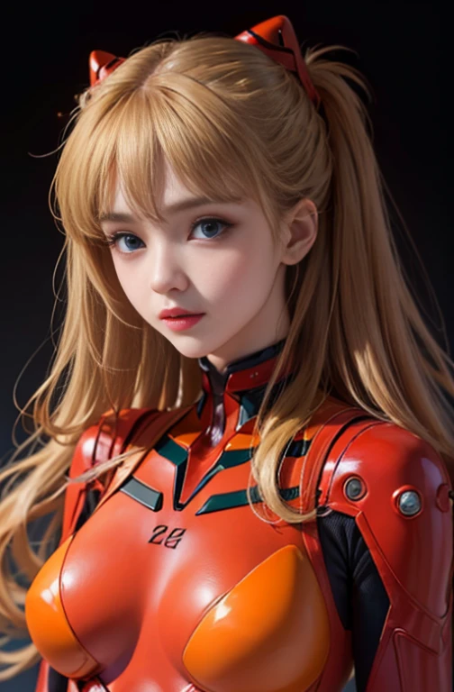 (masterpiece:1.4、top-quality)、(intricate detailes)、Unity8k wallpapers、ultra-detailliert、Beautiful and mysterious、detailed background、realisitic、solo、Perfectly detailed face、Detailed blue eyes、ighly detailed、red blush、hair adornments、Chignon mahogany hair、(blonde hair)、Plug Suit 02,Shikinami Asuka Langley、evangerion、Looking at the camera、facing front、Cute s、full body suits、black backgrounds, big breast, hard nipples
