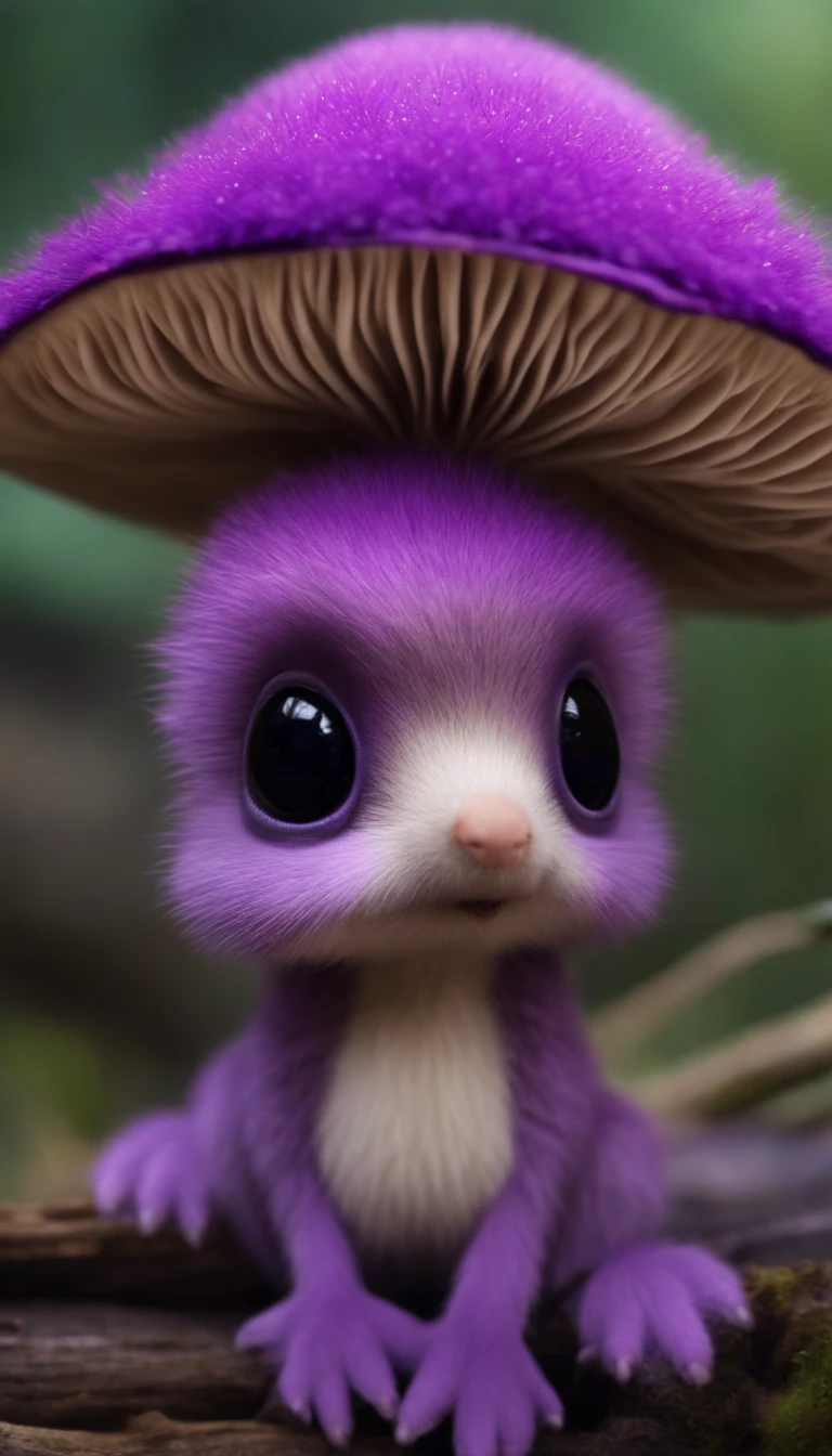 adorable purple creature,Semelhante a uma mistura de coelho e cenoura, cute, fofo, peludo, Felpudo, Floresta, Cogumelos, Wear a mushroom hat