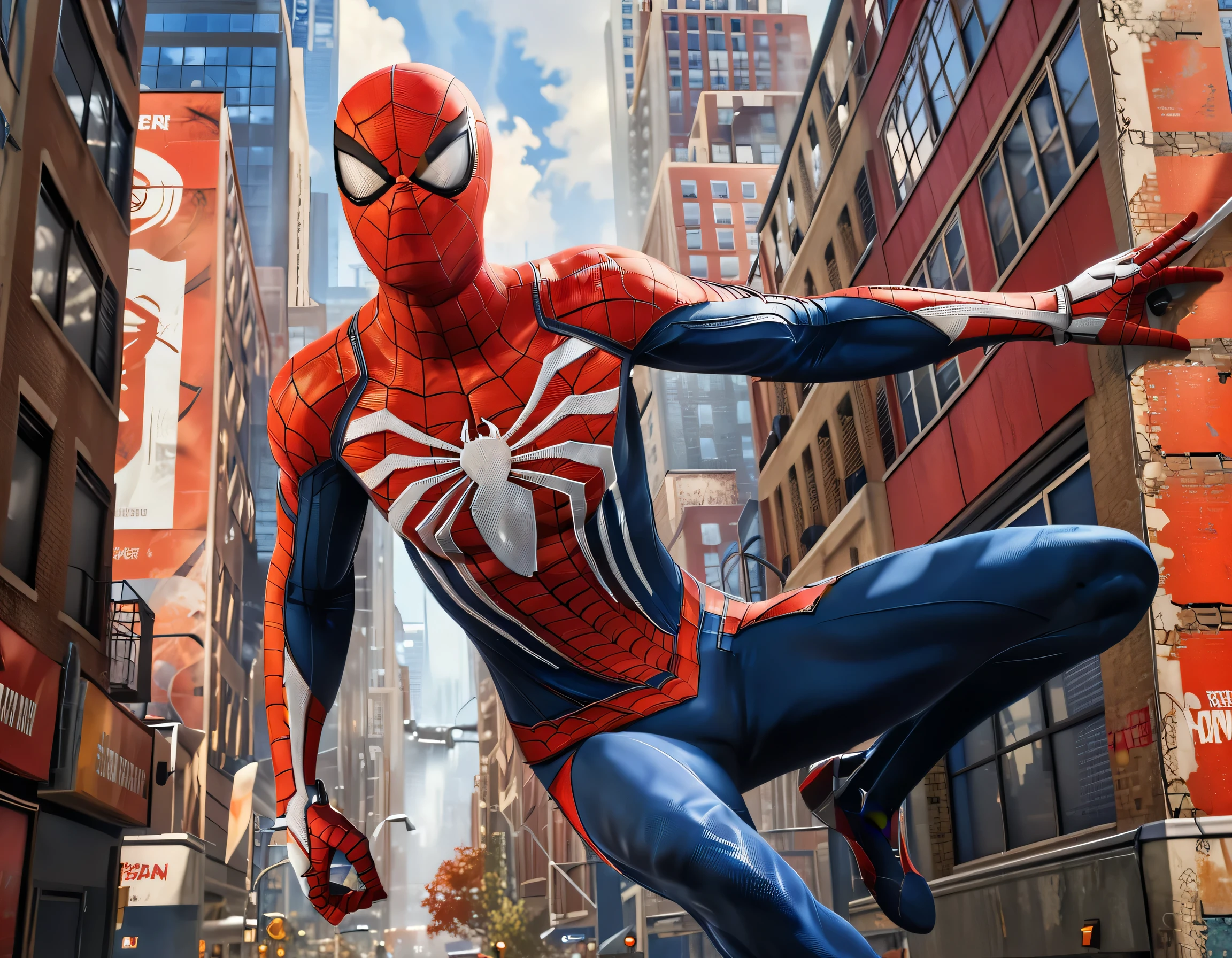 Standing behind a cityscape, a muscular boy with a red bodysuit poses as Spiderman PS4. His pectorals are defined, and he wears a mask to hide his identity. The superhero's outfit is adorned with a spider web print. The view is from behind, showcasing the boy's powerful stance against the urban backdrop. The cityscape features tall buildings and bustling streets, creating a dynamic and realistic environment. The lighting is dramatic, casting shadows on the streets and illuminating the boy's figure. The color palette is vibrant, with a focus on red tones to enhance the superhero motif. The prompt emphasizes the best quality with ultra-detailed elements, aiming for a photorealistic outcome.