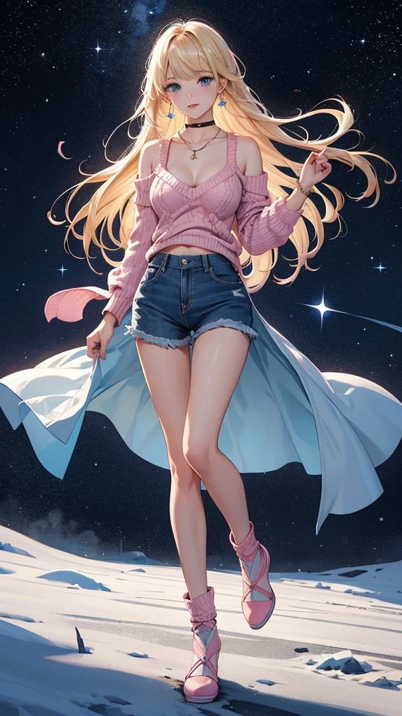 full nude, Full body image of a girl, absurd, super detailed,bright colors,(In 8K:1.3),Masseter muscle part,very beautiful detailed face and eyes, very revealing clothes, Full body photo of a girl,(deep blue eyes:1.2),(Loose-fitting pink argyle knit:1.4),(short denim:1.2),cute smile、Synchro Necklace、Stylish bracelet,Inside the boutique,(full body:1.2) X hair,aurora、city lights、star座、Crescent Moon,Milky Way,street lamppost, particles of light, milky way, night, near sky, outside the house, 惑star, power line, 流れstar, sky sky, Skyscraper, solo、stargazing,star_\(sky porn\)、star空、winter、(smooth straight blonde hair:1.3), (shiny hair:1.2), delicate beautiful face, blush、