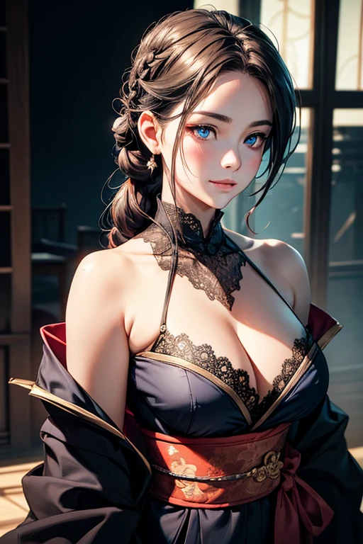 Flirtatious smiling beautiful woman, Super busty Ronin wearing a gold lace kimono, Meiji Restoration, blue eyes, Jimbo&#39;s, cleavage, bare shoulders, hd, Uhd, WLOP, artジャーム, french braid hairstyle, Side view and top view,  big anime eyes, realistic eyes, very detailed目, natural skin, natural skin texture, Scattered beneath the surface, calm colors, skin pores, perfect face, perfect eyes, perfect lips, supple female form, Brilliant, cinematic, film light, very detailed, surreal, masterpiece, in the atmosphere, High resolution, lively, high contrast, dark angle, 8K, hdR, 500 pixels, art：Redjuice