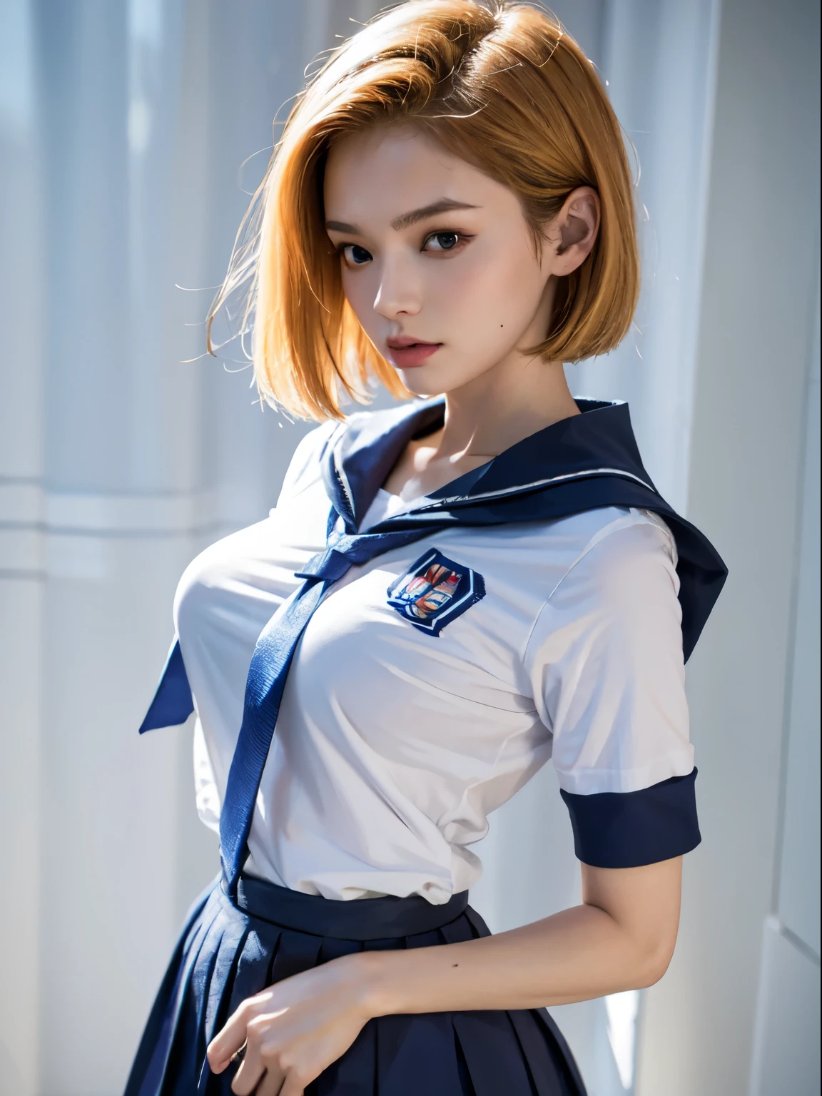 Reflection of the rising sun、School　stage、Are standing　Low - Angle、No sleeve　light blue sailor uniform、navy blue and white check pattern　mini skirt、Navel exposed、 blonde bob perm hair、Right wrist　Scrunchie、big breasts　Plump、red eyes、Brown　loafers、lace pattern　Black pantyhose